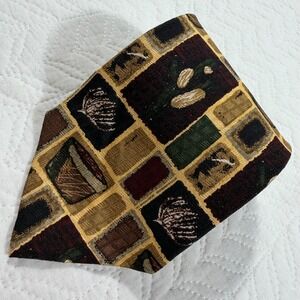 JZ Richards Mens Silk Necktie Geometric Pattern Burgundy Gold Green Brown